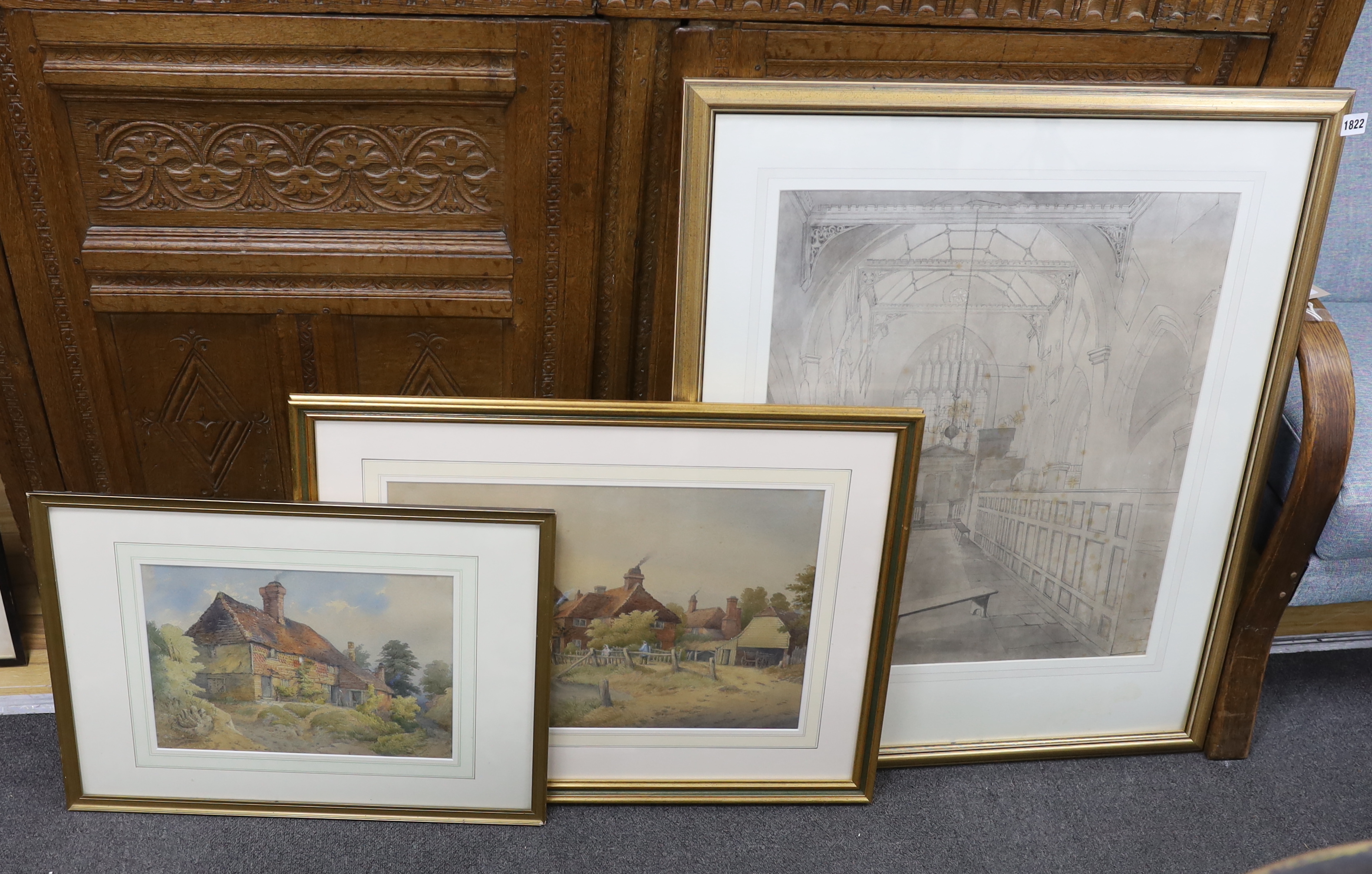 Mid 19th century, pencil study, 'Holy Trinity Church, Cuckfield', unsigned, inscribed in ink verso, together with two 19th century watercolours including George De Paris (1829-1911), 'Cuckfield 1876', largest 57 x 50cm